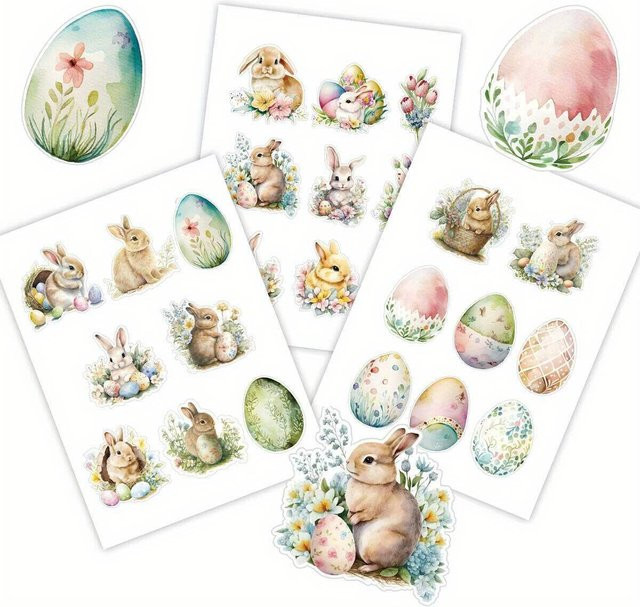 50 Stück Tissy Ostern Aufkleber mit Hasen, Eiern und Blumen in Multicolor für deine DIY Geschenke und Party Dekoration - Bild 1