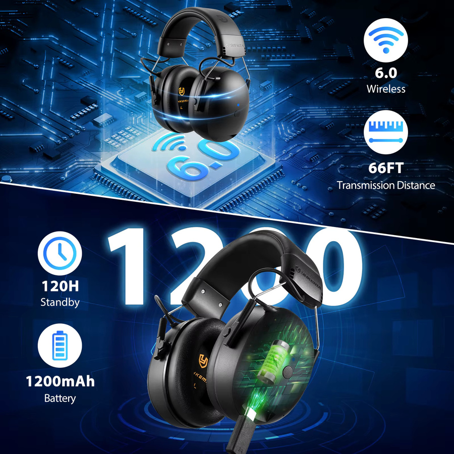 YHKEMA Bluetooth 6.0 Kopfhörer mit Lärmreduzierung und Gehörschutz für Musik und Sicherheit in Schwarz oder Gelb - Bild 4