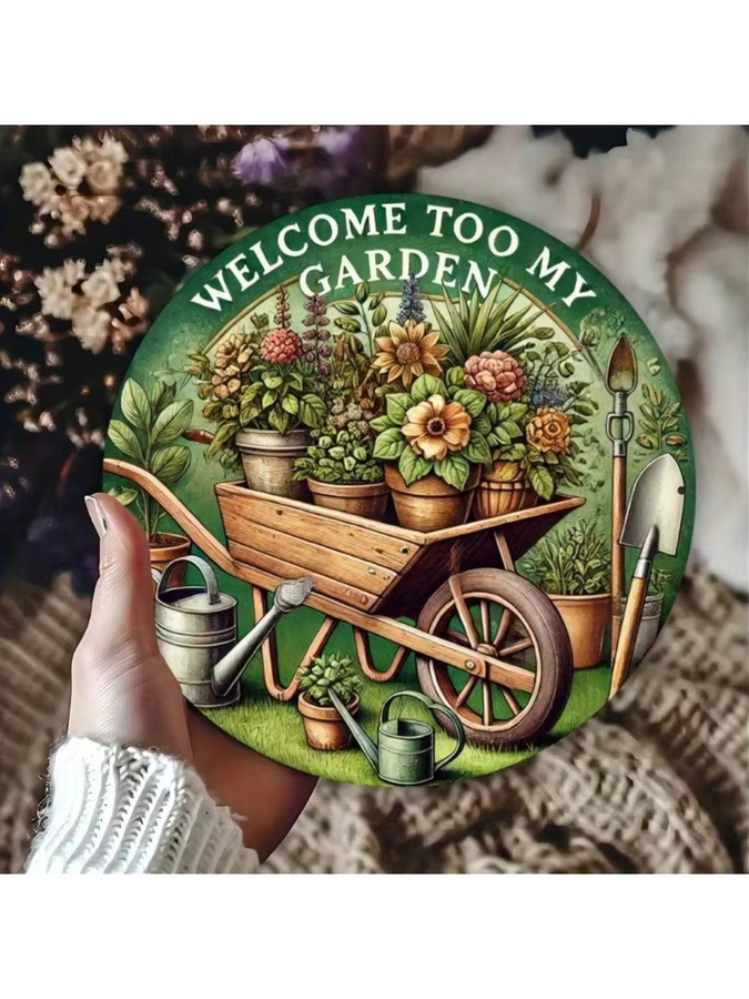 CIFBUY Retro Garten-Willkommensschild aus Metall in Weiß und Mehrfarbig, Rundes Wandkunst-Dekor mit floralem Design, Durchmesser: 19,81 cm - Bild 4