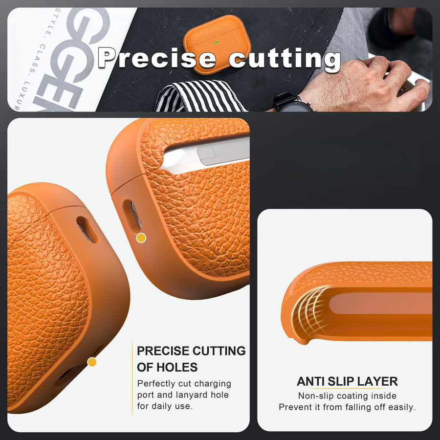 Schutzhülle für Apple AirPods Pro 3/Pro 2/4 aus weichem TPU im Lederdesign in Orange inklusive Schlüsselanhänger und Reinigungsset - Bild 4