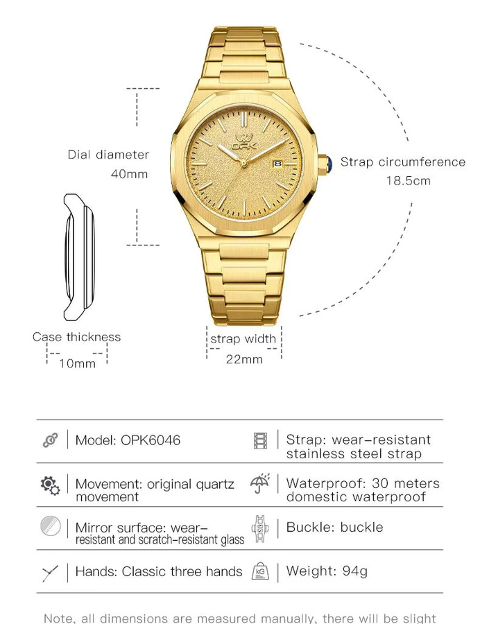 OPK Armbanduhr Quarz, Edelstahl, Gold, Herren, Datum, Leuchtzeiger - Bild 6