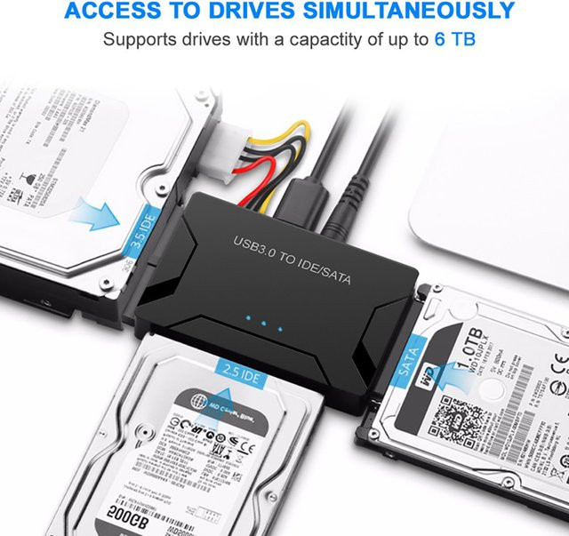 OULLX USB 3.0 zu SATA IDE ATA Adapter für 2,5 Zoll und 3,5 Zoll HDD Festplatten und SSD, externer Datenübertragungskonverter in Schwarz - Bild 1