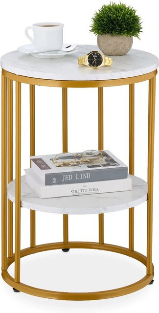 Relaxdays Beistelltisch in Marmoroptik mit höhenverstellbarem Gestell, Farbe Weiß und Gold, Durchmesser: 40 cm, Höhe: 57 cm - Bild 1