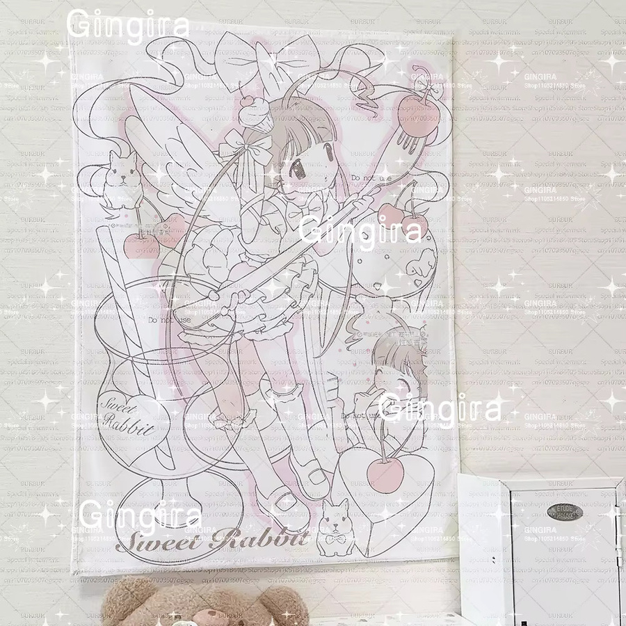 Sanrio Kawaii Pink Sugar Bunnies Wandteppich mit Anime-Ästhetik und niedlichen Cartoon-Motiven zur Raumdekoration - Bild 1