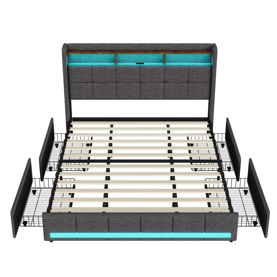 Gepolstertes Doppelbett mit Stauraum und LED-Beleuchtung in Grau, B/T: 180 x 200 cm - Bild 2