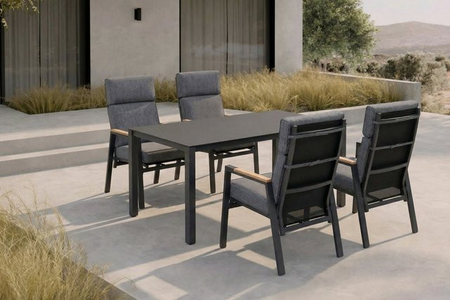 OUTFLEXX Garten-Essgruppe in Anthrazit Matt mit 4 Sesseln und Polstern, Tisch B/T: 160 x 95 cm, Material: Alu, Spraystone, Polyester und Teak - Bild 1