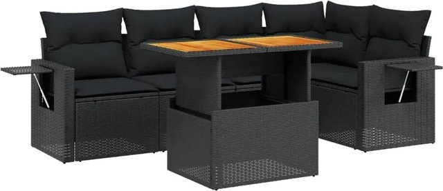 vidaXL 6-tlg. Garten-Sofagarnitur in L-Form aus Poly-Rattan und Akazienholz mit Kissen, Schwarz - Bild 1