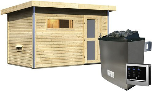 Karibu Saunahaus Schwanenburg 1 aus Fichtenholz in Beige mit 9 kW Ofen und externer Steuerung, B/T/H: 337 x 196 x 228 cm - Bild 1