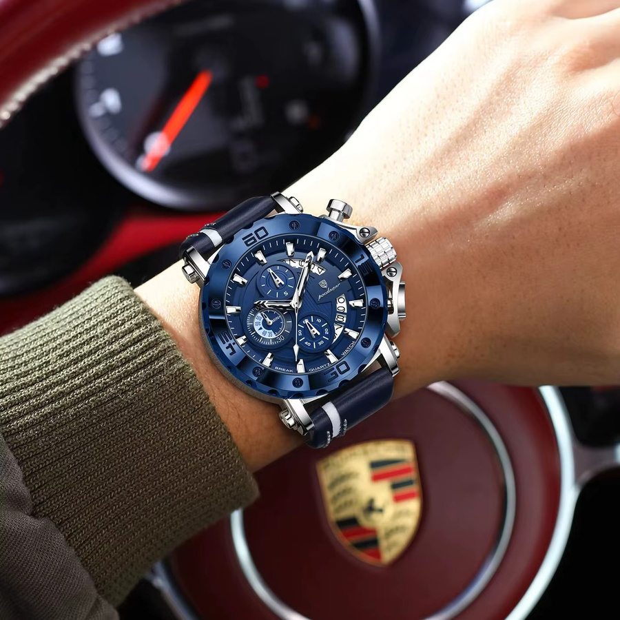 POEDAGAR Chronograph, Quarz, Leder, Blau, Roségold, Herren - Bild 5