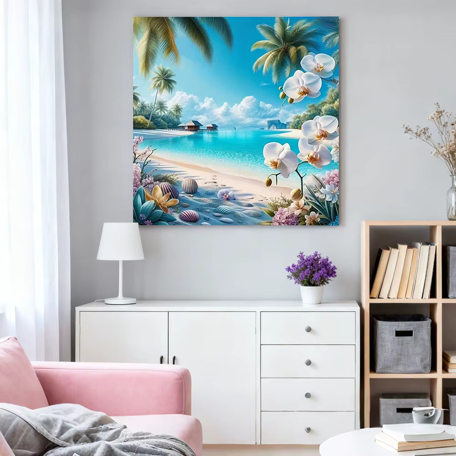 HUACAN 5D Diamantkunst Mosaik Set mit Meer, Landschaft und Orchidee als dekoratives Wandgemälde mit Full Square Bohrern, Breite: 20 cm, Höhe: 20 cm - Bild 3