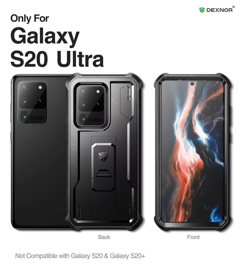 DEXNOR Schutzhülle für Samsung Galaxy S20 Ultra, S20 Plus, S20 und S20 FE mit Displayschutzfolie und Ständer, stoßfeste Hülle in Militärqualität, Schwarz oder Grün - Bild 2