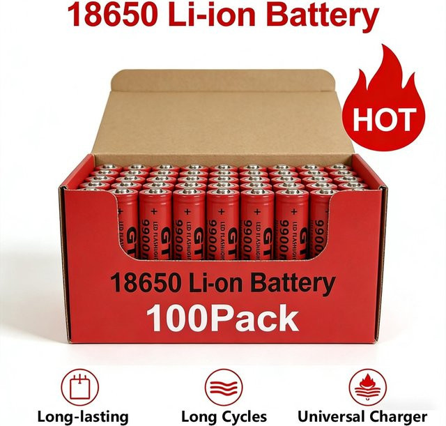 Rscrola 100er-Pack 18650 Li-Ionen-Akkus mit Flachkopf in Rot inklusive universellem Ladegerät - Bild 1