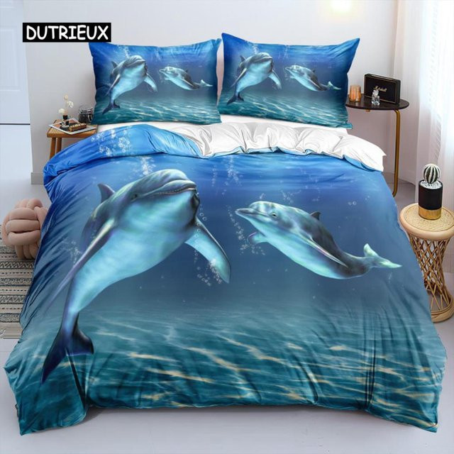 Binchi Bettwäsche-Set Meeresleben aus Mikrofaser in Blau mit Delfin- und Schildkrötenmuster, B/H: 150 x 200 cm - Bild 1