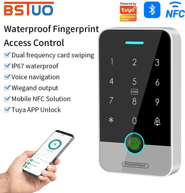 Asia-Teco Zugangskontrollsystem mit Fingerabdruck, Tastatur und RFID 125K/13.56M IC Kartenleser, Tuya App Steuerung, Farbe: Schwarz - Bild 1