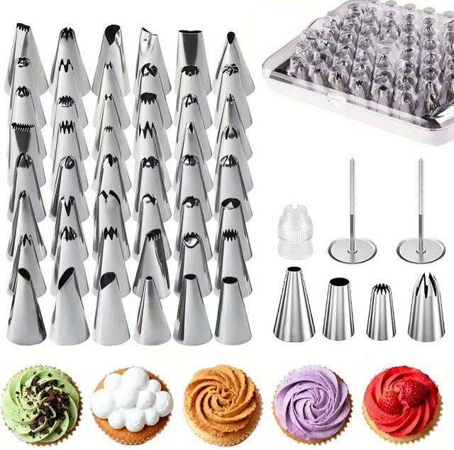 XMSJ 55-teiliges Spritzspitzen-Set aus Edelstahl in Silber mit Aufbewahrungsbox für die Kuchendekoration - Bild 1