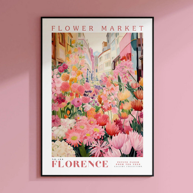 Reisekunst Florenz Blumenmarkt Poster – Modernes botanisches Wandbild mit Blumenmuster in Grün und Multicolour - Bild 1