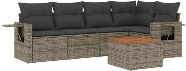 vidaXL 6-teilige Garten-Sofagarnitur aus Poly-Rattan und Akazienholz in Grau mit Kissen - Bild 1