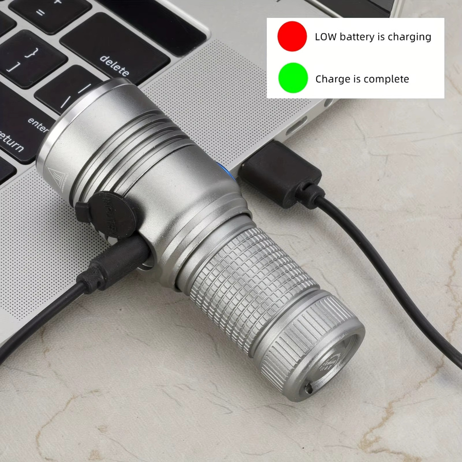 Alonefire Zoom Mini Hochleistungs-Taschenlampe aus Aluminium, USB wiederaufladbar, Farbe: Silber - Bild 4