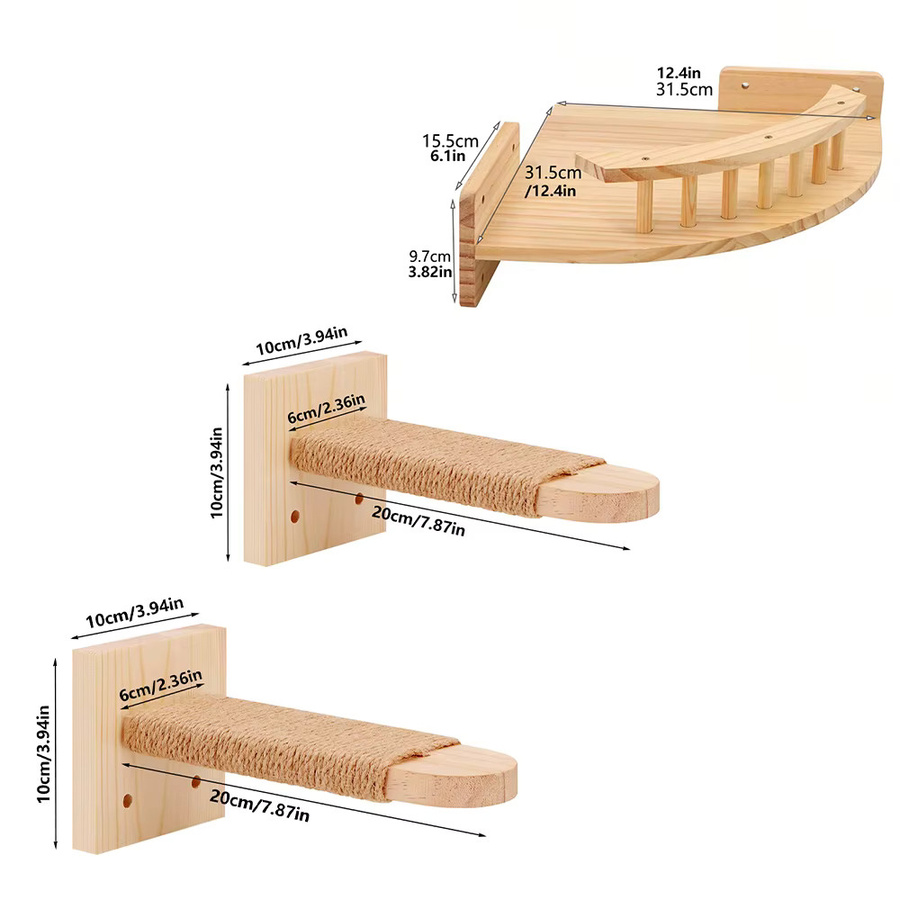 CWV Katzenwandregale aus Holz in Beige mit 2-stufigem Kletterregal und Hängematte - Bild 2