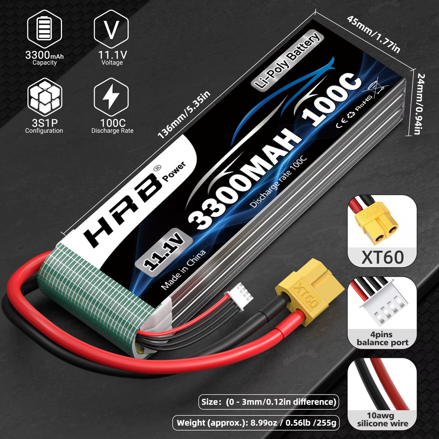 HRB 3S Lip Batterie, 11,1 v 3300mah RC Lipo Batterie, 100C, mit XT60 Stecker - Bild 2
