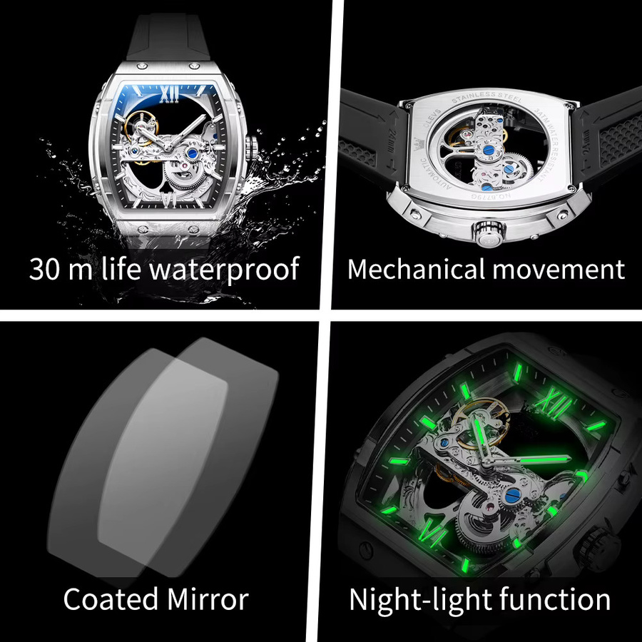 OLEVS Armbanduhr, Automatik, Skelett, Silikonarmband, Silber, Herren - Bild 6