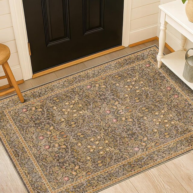 Waschbarer Eingangsteppich in Dunkelgrün mit floralem Vintage-Design, B/B/H: 50 x 30 cm - Bild 1