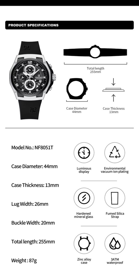 NAVIFORCE Armbanduhr, Quarz, Silikonarmband, Schwarz, Herren - Bild 2