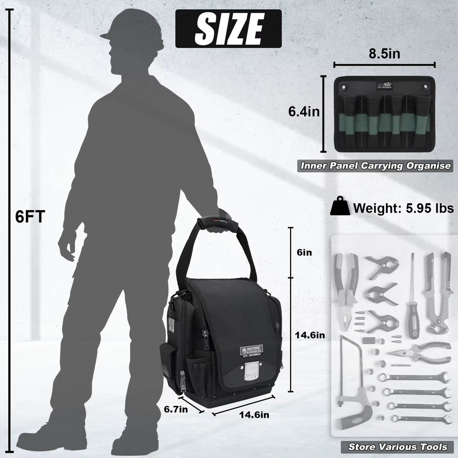 Pro Pac Elektriker-Werkzeugtasche mit 55 Taschen und robustem Hartboden in Schwarz - Bild 2