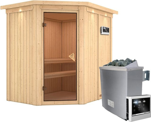Karibu Sauna CARIN mit 9,0 kW Edelstahl-Ofen, Steuergerät, Dachkranz und Ganzglastür in Bronze, B/T/H: 196 x 151 x 200 cm - Bild 1