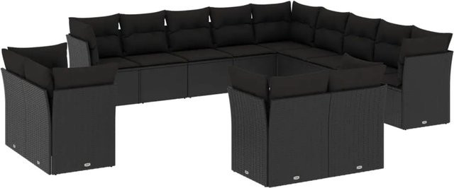 vidaXL 13-tlg. Garten-Sofagarnitur in L-Form aus Polyrattan mit Kissen und Stauraum, Schwarz - Bild 1