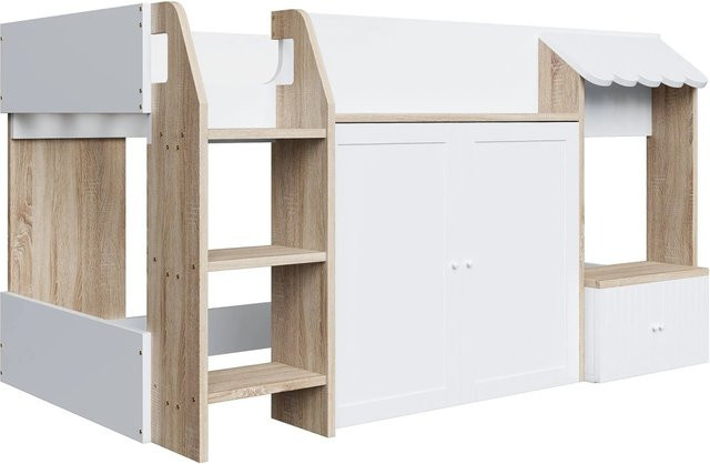 Merax Hausbett für Kinder aus Massivholz und MDF mit Treppe und Stauraum, Farbe Weiß, B/T/H: 90 x 200 x 120 cm - Bild 1