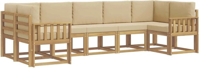 vidaXL Outdoor-Sofagarnitur aus Akazienholz in L-Form mit Kissen, 7-teilig, Weiß und Beige - Bild 1