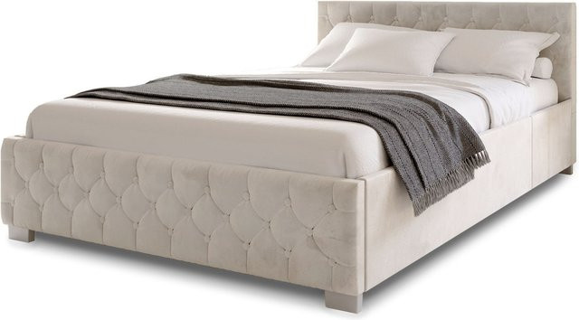 Juskys Polsterbett Nizza mit Bettkasten und LED-Beleuchtung, Samtbezug mit Chesterfield-Steppung, Beige, B/T/H: 140 x 200 x 54 cm - Bild 1