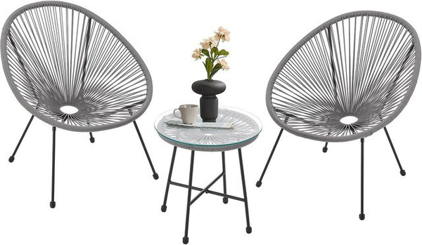 Juskys Balkonmöbel Set Ostana 3-teilig mit Tisch und 2 Sesseln in Hellgrau mit Seilgeflecht und Stahlgestell im Retro Design