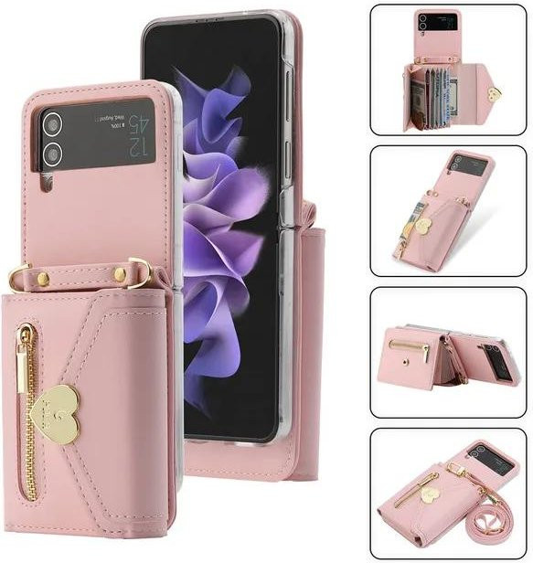 Luxuriöse Leder-Umhängetasche für Samsung Galaxy Z Flip5, Z Flip4 und Z Flip3 in Pink mit Kartensteckplatz und Klappscharnierschutz - Bild 1