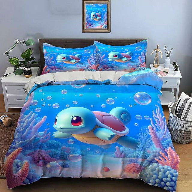 Pokemon Schiggy Print Bettwäsche Set 3-teilig aus Polyester, Blau, B/H: 180 x 210 cm - Bild 1