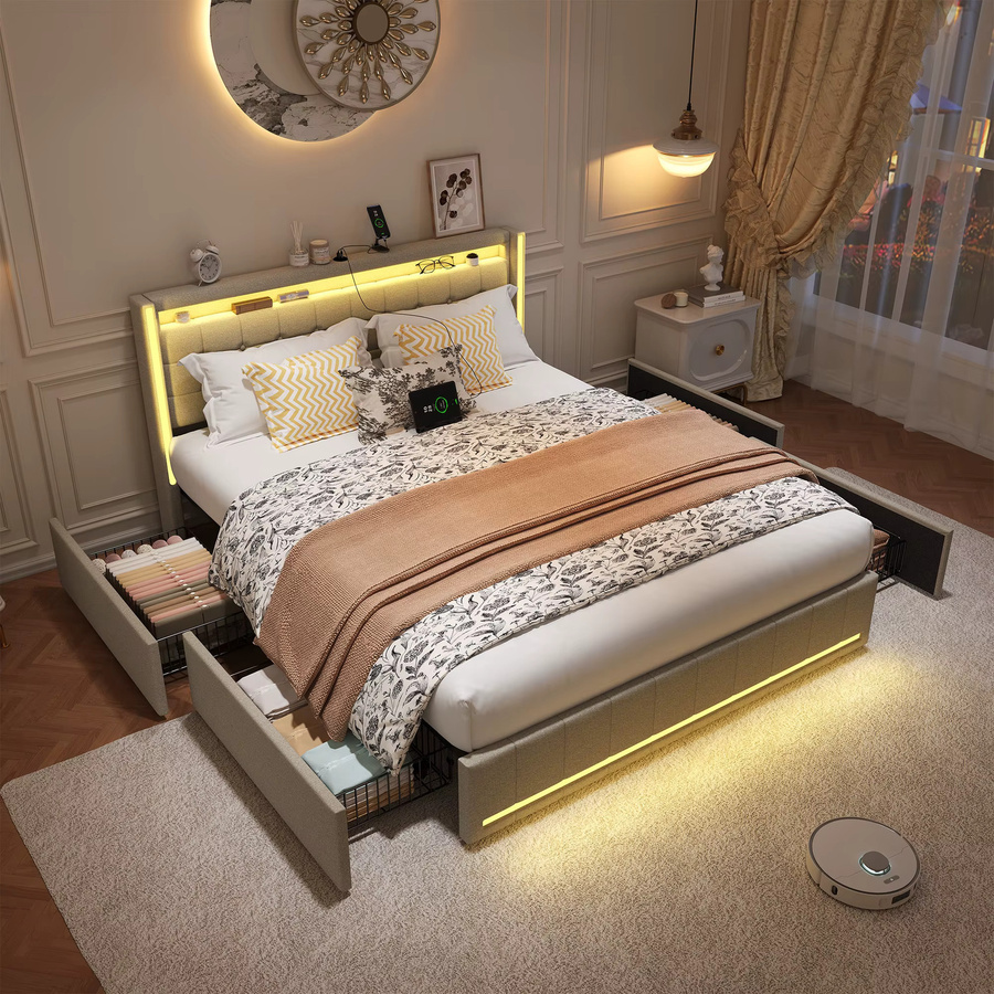 Comanlai Doppelbett mit Polsterung und 4 Schubladen in Pink, B/T: 160 x 200 cm, mit LED-Beleuchtung, USB-Anschluss und Kopfteil mit Stauraum aus Leinen - Bild 2