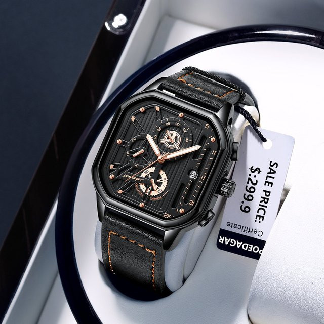 POEDAGAR Chronograph, Quarz, Leder, Schwarz, Herren - Bild 1