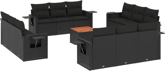 vidaXL 13-tlg. Garten-Sofagarnitur in U-Form aus Polyrattan und Akazienholz mit Kissen, Schwarz - Bild 1