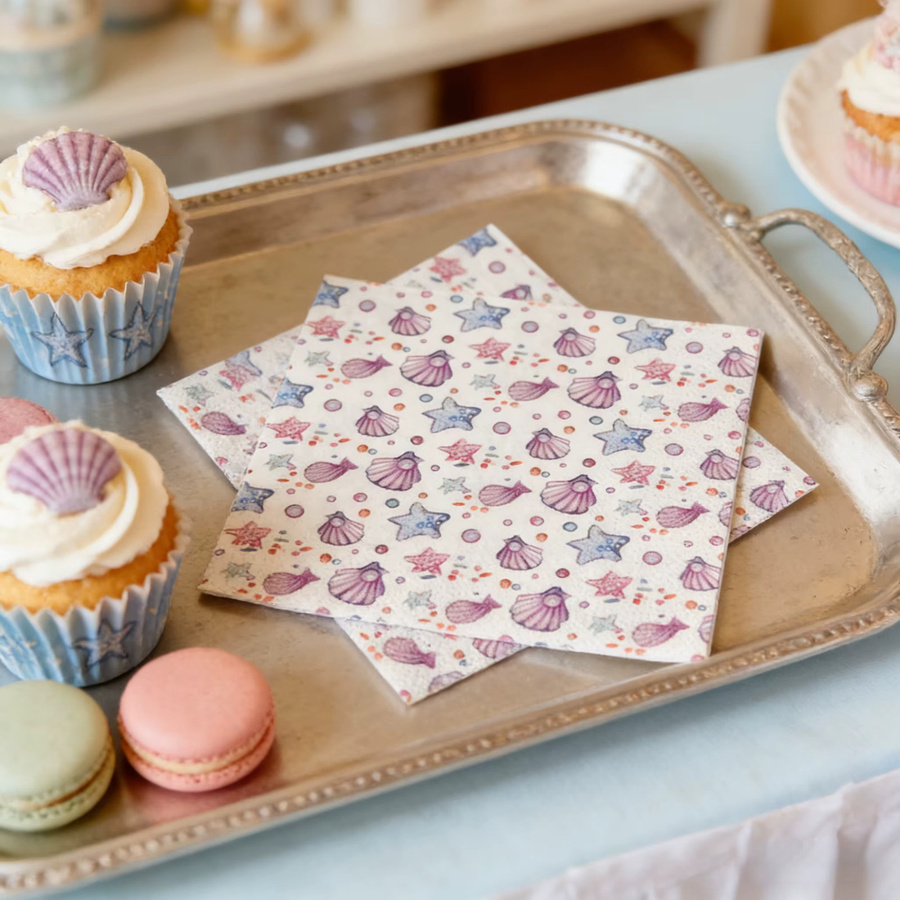 20 Stück 3-lagige Papierservietten mit Muscheln, Perlen und Seesternen in Multicolour für Geburtstage, Afternoon Tea und Bastelarbeiten - Bild 2