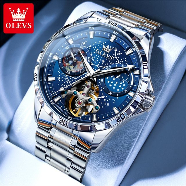 Olevs Armbanduhr Automatik, Skelett, Edelstahl, Blau, Herren - Bild 1