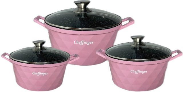 Cheffinger Diamant Kochgeschirr Set 6-teilig aus Aluminiumguss in Pink mit Marmor-Optik, Induktion geeignet, inklusive Deckel und Töpfen - Bild 1