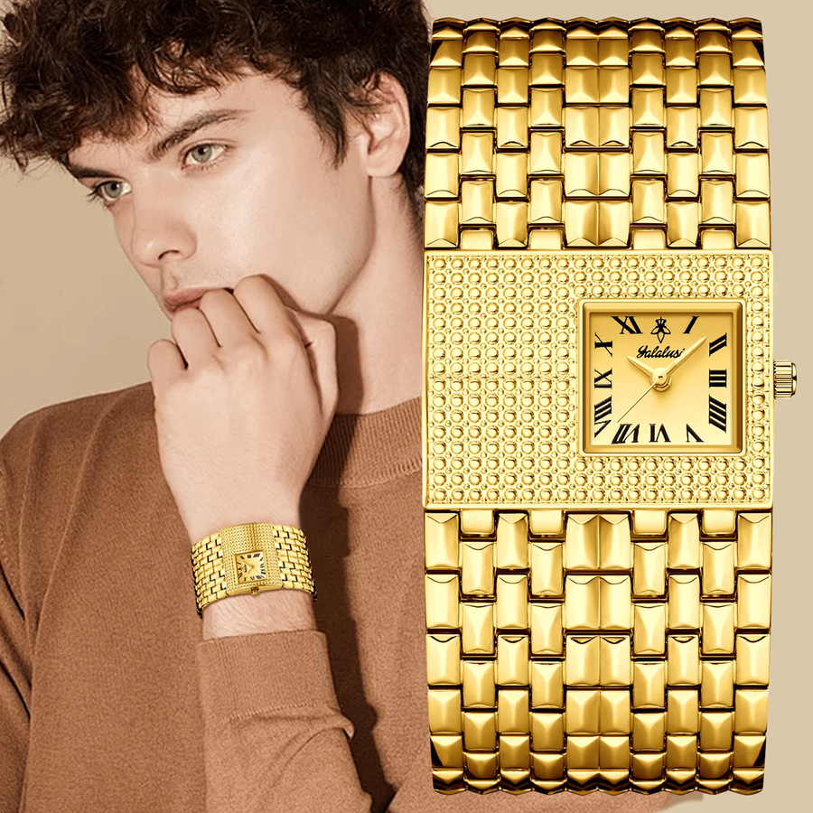 YaLaLuSi Armbanduhr Quarz, Edelstahl, Gold, Schwarz, Herren - Bild 2