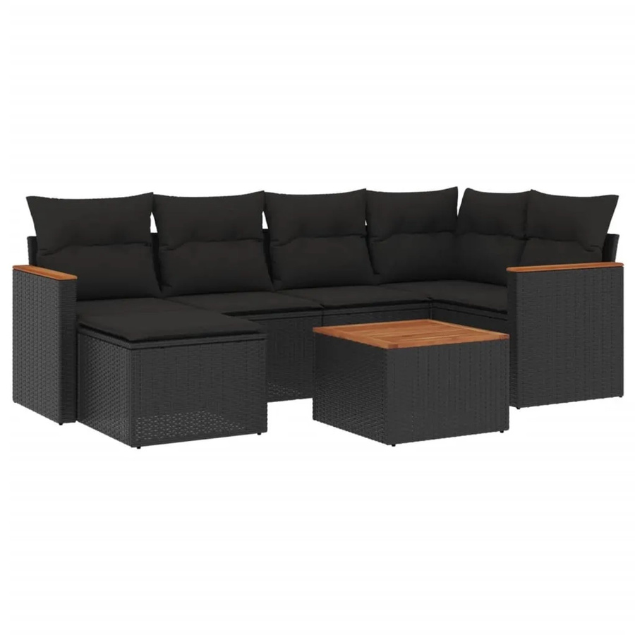vidaXL 7-tlg. Garten-Sofagarnitur in L-Form mit Kissen und Ottoman, Schwarz, Poly-Rattan mit Metallgestell - Bild 2