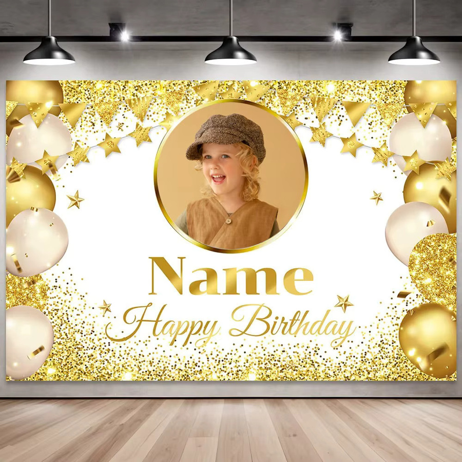 Personalisiertes Beenle Geburtstag Banner mit Fotomotiv und Glitzerlichtern in Schwarz und Gold zur Wanddekoration für deine Party - Bild 2