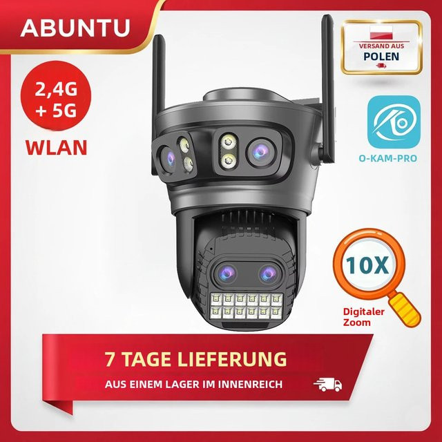 Abuntu WiFi Außenüberwachungskamera mit 20MP, 10K Auflösung, 10X Digitalzoom, Vierobjektiv-System und Menschenerkennung in Schwarz - Bild 1