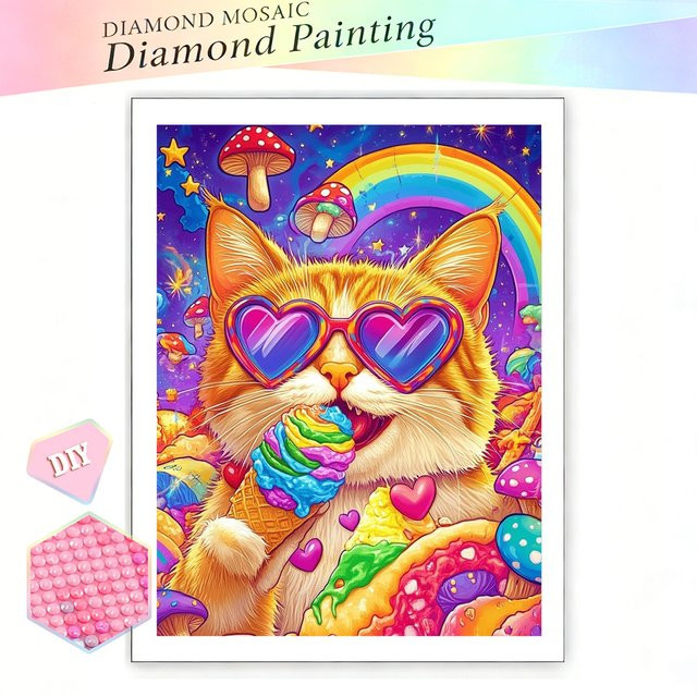EverShine Diamond Painting Set Katze mit Eiscreme, 5D DIY Mosaik Stickerei in Multicolour, B: 30,0 cm, H: 30,0 cm, T: 20,0 cm - Bild 1
