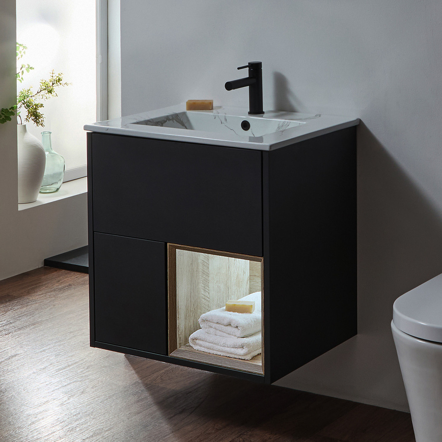 Hängender Waschtischunterschrank HudsonReed mit Keramik-Waschbecken in Schwarzgrau und integrierter LED-Beleuchtung, Breite: 60 cm - Bild 1