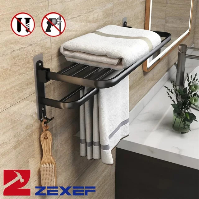 ZEXEF Badetuchhalter Organizer für Badezimmer und Dusche, schwarz, Wandmontage durch Bohren, beweglich - Bild 1