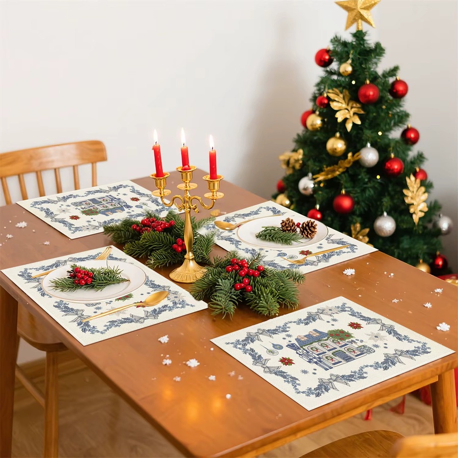 VIKAMA Weihnachtsmatte Set mit Winterblättern, Schneeflocken und Nussknacker in Blau und Weiß für deine Tischdekoration - Bild 4